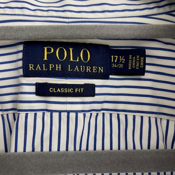 Polo Ralph Lauren Classic Fit Button Up Blue Stripe Casual Preppy Sz 17.5 34/35 - Picture 2 of 7